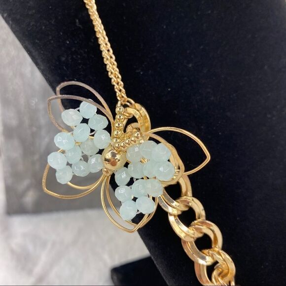 Carol Dauplaise Butterfly Chunky Link Necklace Gold Tone Beaded - Picture 2 of 9